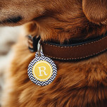 Navy and Yellow Chevron Monogram Pet Name Tag<br><div class="desc">Cute girly preppy zigzag chevron stripes pattern personalized with your pet's monogram name or initial in a chic circle frame. Back features coordinating colors and space to add your pet's name and emergency contact info. Click Customize It to change fonts and colors or add your own photos and text for...</div>
