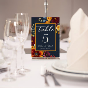 Navy and Yellow Fall Wildflower Wedding Table Number