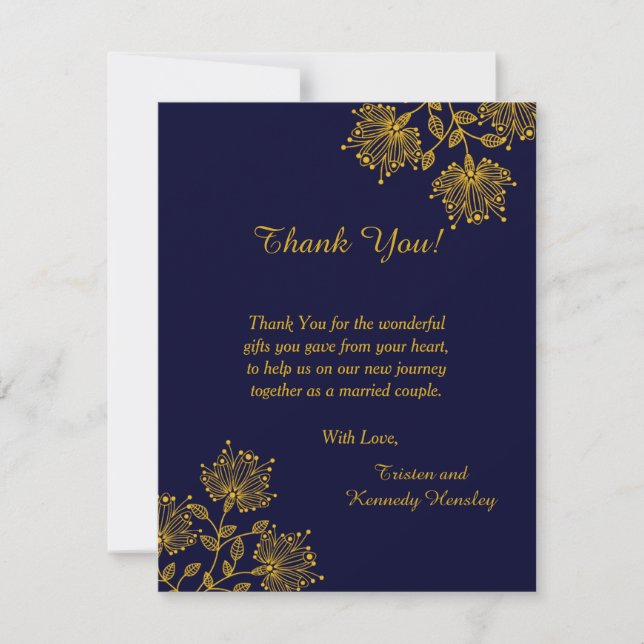 Navy and Yellow Floral 4x5 Flat Thank You Card (Front)