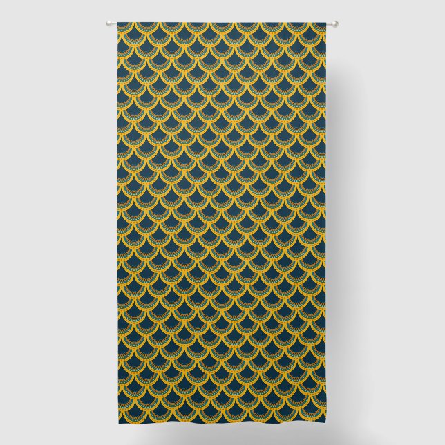 Navy and Yellow Gold Fish Scale Scallops Blackout Curtains (Front)