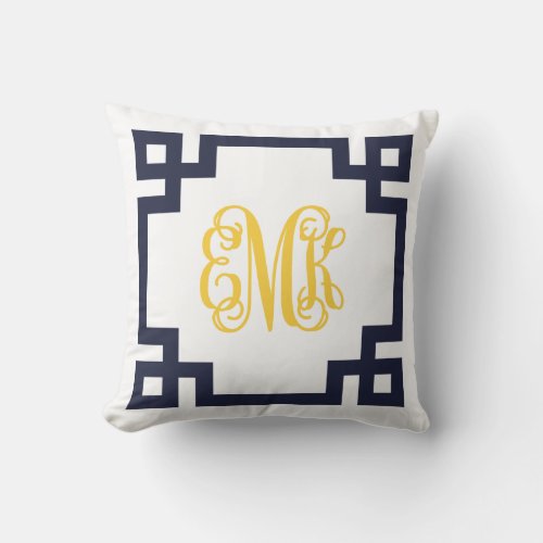Navy and Yellow Greek Key Script Monogram Throw Pillow