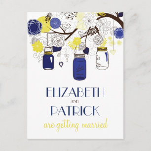 Navy and Yellow Mason Jars Save the Date Postcard