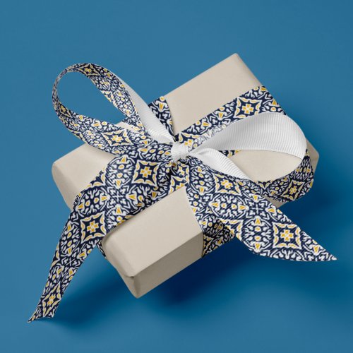 Navy and Yellow Mediterranean Pattern Grosgrain Ribbon