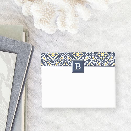 Navy and Yellow Mediterranean Pattern Monogram Post_it Notes