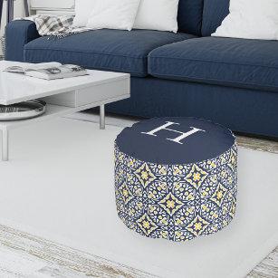 Navy and Yellow Mediterranean Pattern Monogram Pouf