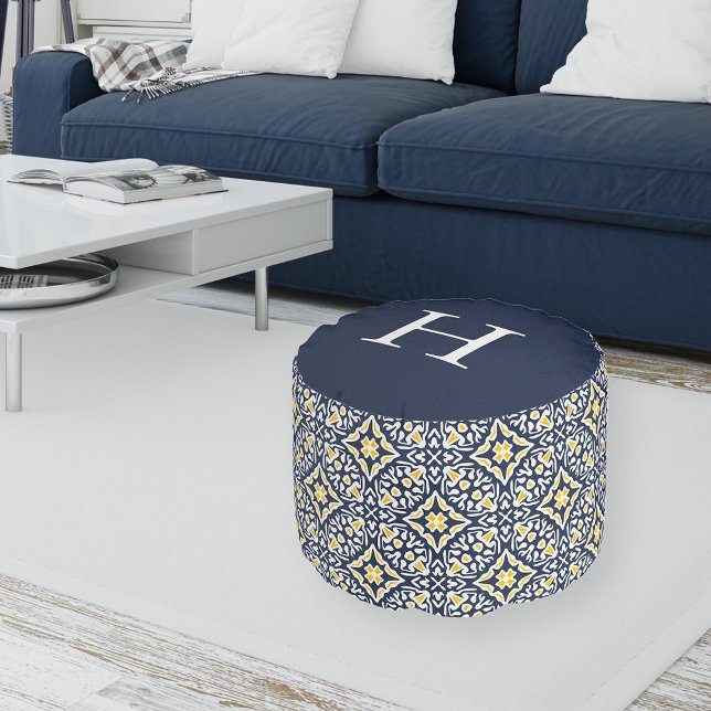 Navy and Yellow Mediterranean Pattern Monogram Pouf (Creator Uploaded)