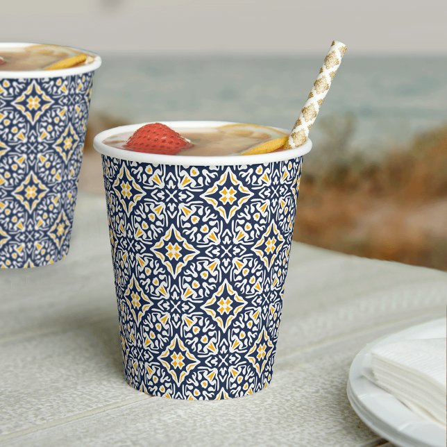 Navy and Yellow Mediterranean Tile Pattern Paper Cups (Creator Uploaded)