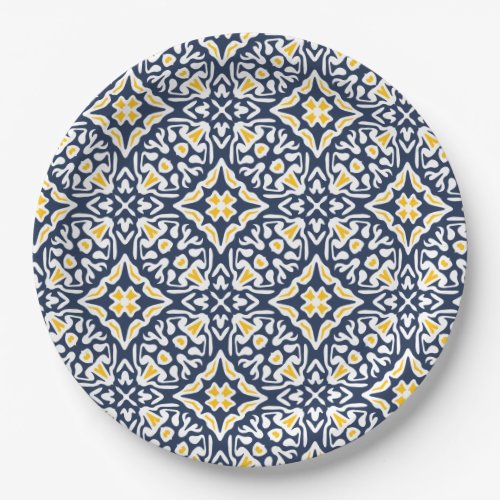 Navy and Yellow Mediterranean Tile Pattern Paper Plates