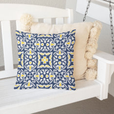 Navy And Yellow Mediterranean Tile Pattern Throw Pillow at Zazzle