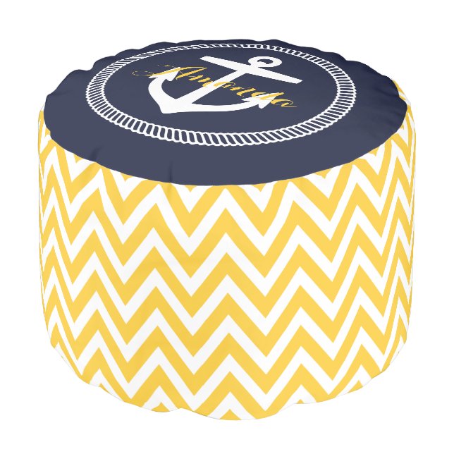 Navy and Yellow Nautical Chevron Anchor Monogram Pouf (Angled Front)