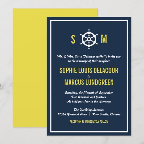 Navy Blue and Yellow Nautical Wedding Invitation