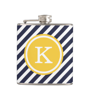 Navy and Yellow Nautical Stripes Monogram Flask