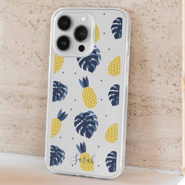 Navy and Yellow Pineapples and Monstera Leaves Speck iPhone Case (Creator Uploaded)