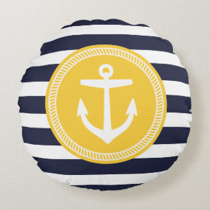 Navy and Yellow Preppy Nautical Stripes and Anchor Round Pillow