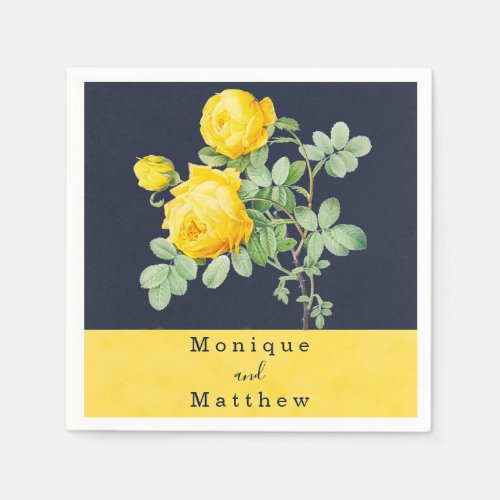 Navy and Yellow Rose Bouquet Wedding  Napkins
