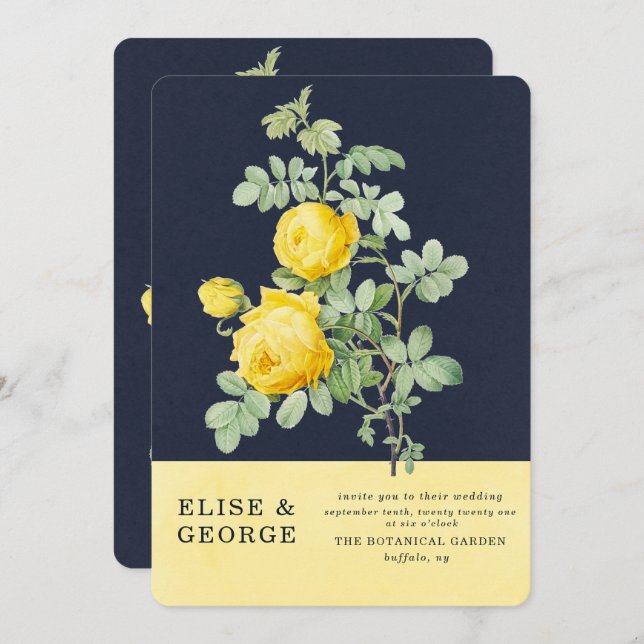Navy and Yellow Rose Romantic Spring Wedding Invitation (Front/Back)