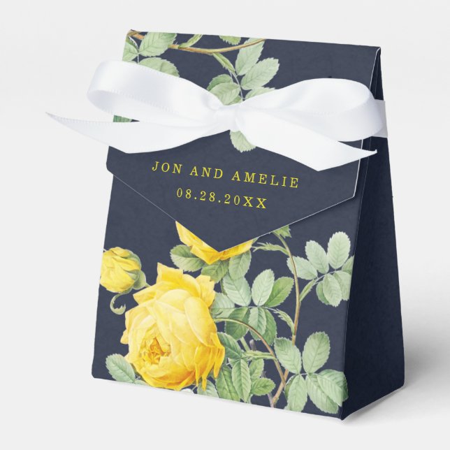 Navy and Yellow Rose Romantic Wedding Favor Boxes (Front Side)
