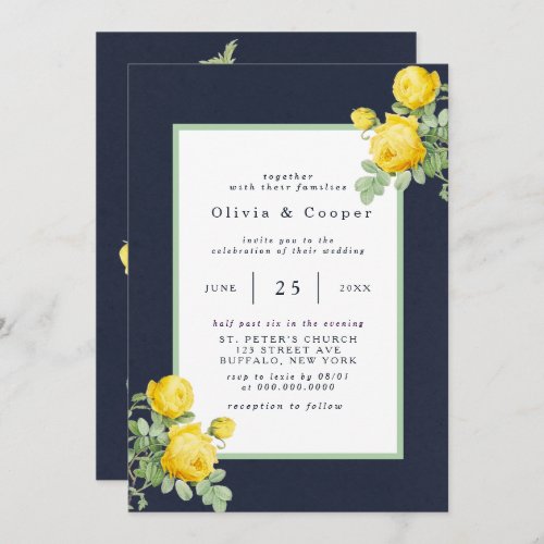 Navy and Yellow Rose Romantic Wedding Invitation