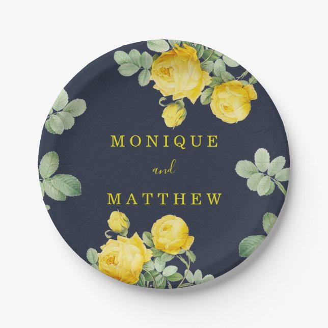 Navy and Yellow Rose Romantic Wedding  Paper Plates (Front)