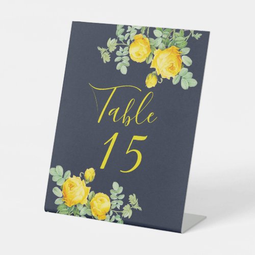 Navy and Yellow Rose Wedding Table Number Pedestal Sign