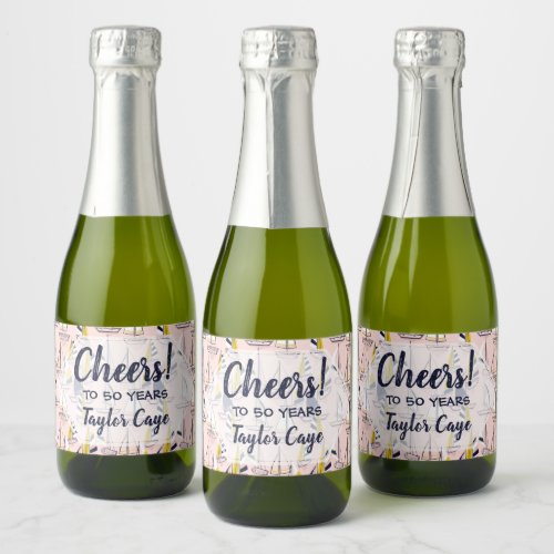 Navy and Yellow Sailboats on a Pink Sea Mini Sparkling Wine Label