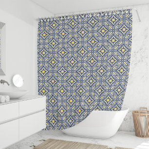Navy and Yellow Spanish Tile Pattern Shower Curtain