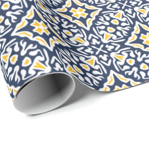 Navy and Yellow Spanish Tile Pattern Wrapping Paper