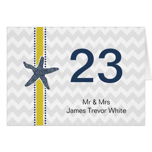 Navy and Yellow Starfish Beach Wedding Stationery Cards (Front Horizontal)