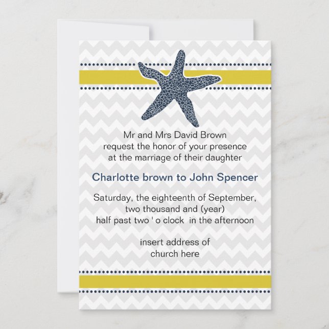 Navy and Yellow Starfish Beach Wedding Stationery Invitation (Front)