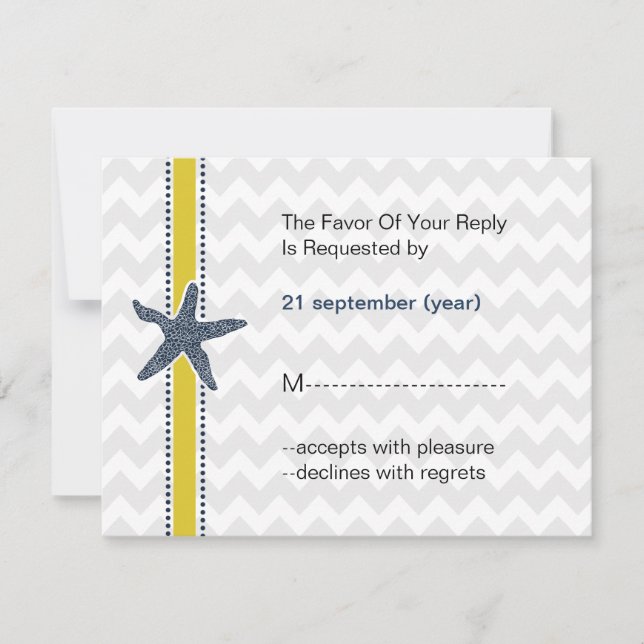 Navy and Yellow Starfish Beach Wedding Stationery RSVP Card (Front)