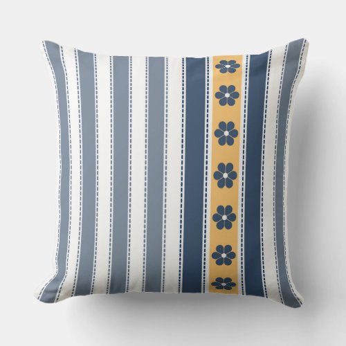 Navy and Yellow Stripes Floral Throw Pillow