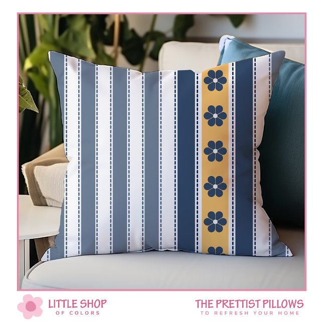 Navy and Yellow Stripes Floral Throw Pillow (Creator Uploaded)