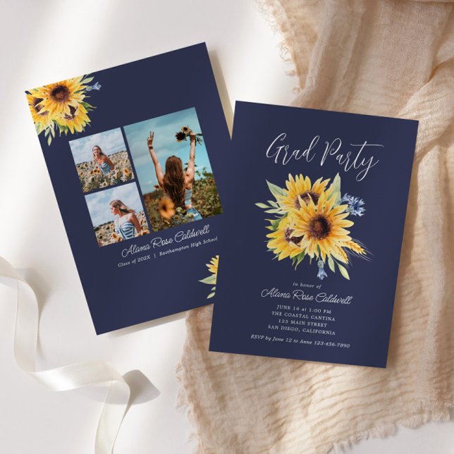 Navy and Yellow Sunflower Graduation Invitation (Creator Uploaded)