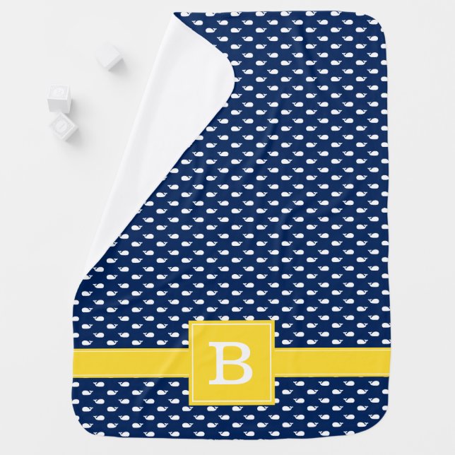 Navy and Yellow Whimsical Whales Pattern Monogram Stroller Blanket (In Situ)