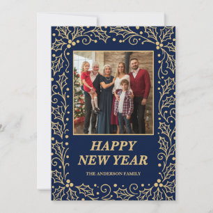 Navy & Antique-Gold Family New Year Photo Holiday Card
