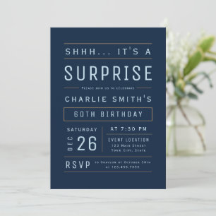 Navy Any Age Modern Typography Surprise Birthday Invitation