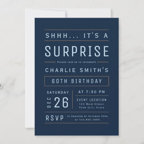 Navy Any Age Modern Typography Surprise Birthday Invitation