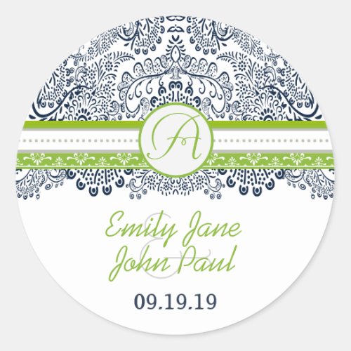 Navy Apple Green Gray Lace Wedding Classic Round Sticker