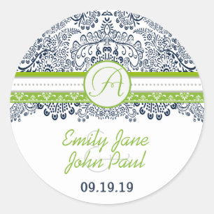 Navy Apple Green Gray Lace Wedding Classic Round Sticker