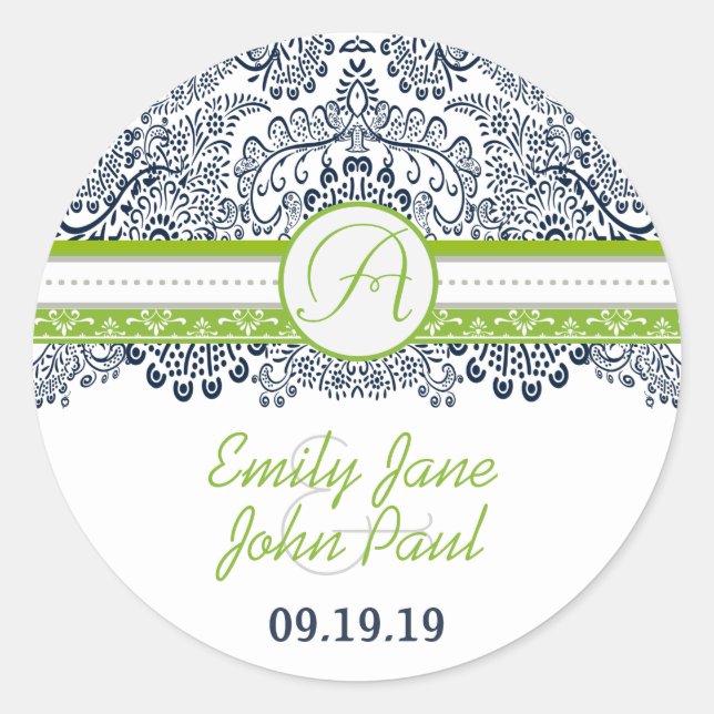 Navy Apple Green Gray Lace Wedding Classic Round Sticker (Front)