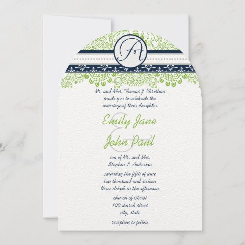 Navy Apple Green Gray Love Birds Wedding Invites