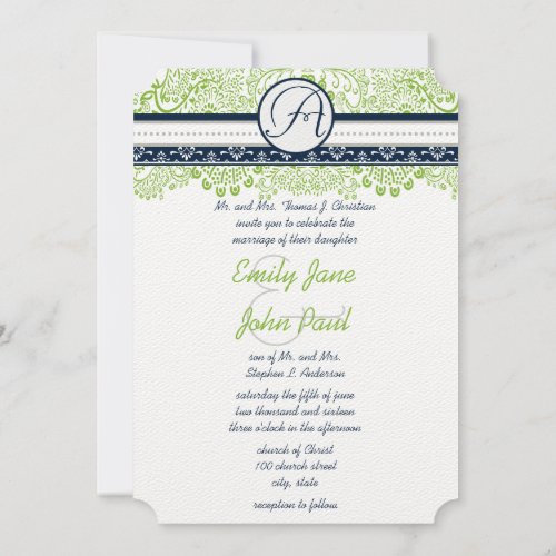 Navy Apple Green Gray Love Birds Wedding  Invitation