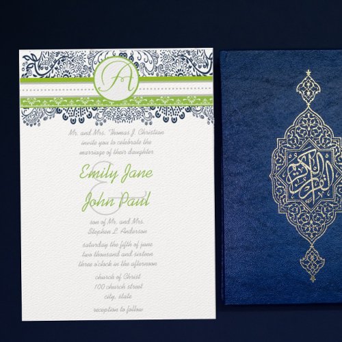 Navy Apple Green Gray Love Birds Wedding Invites