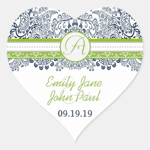 Navy Apple Green Gray Love Birds Wedding Invites Heart Sticker