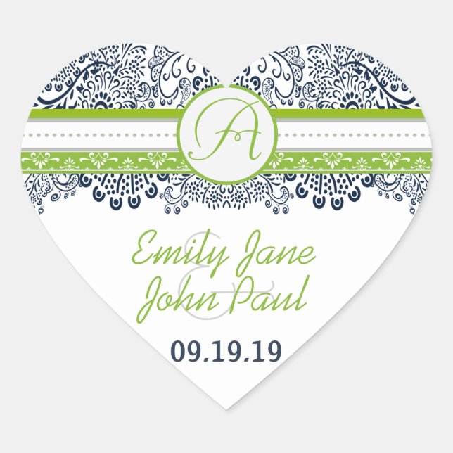 Navy Apple Green Gray Love Birds Wedding Invites Heart Sticker (Front)