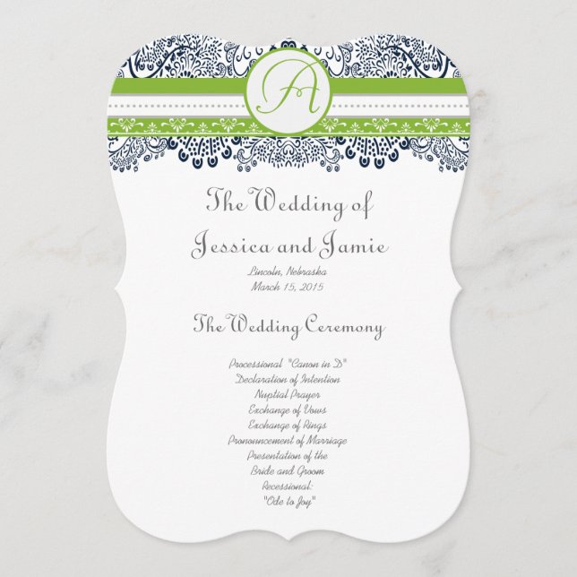 Navy Apple Green Gray Love Birds Wedding Programs (Front)