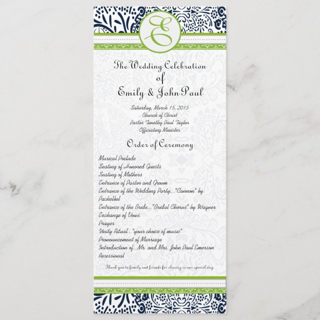 Navy Apple Green Gray Love Birds Wedding Programs (Front)