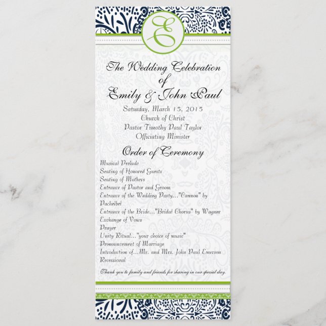 Navy Apple Green Gray Love Birds Wedding Programs (Front)