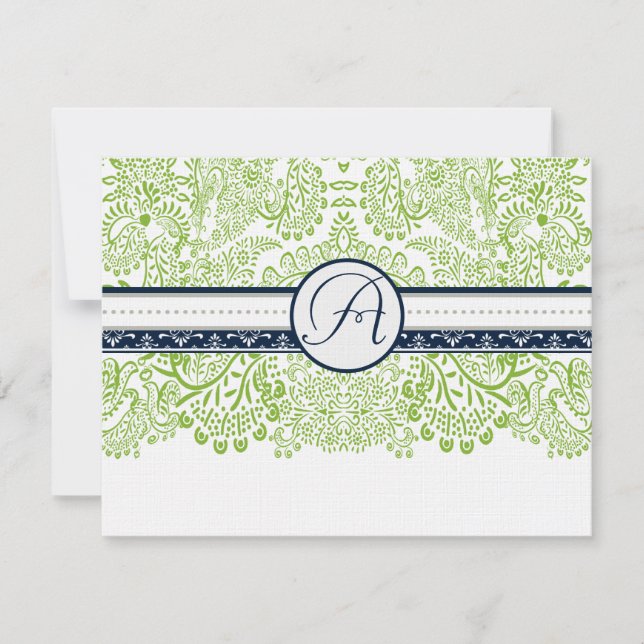 Navy Apple Green Gray Love Birds Wedding RSVP (Front)