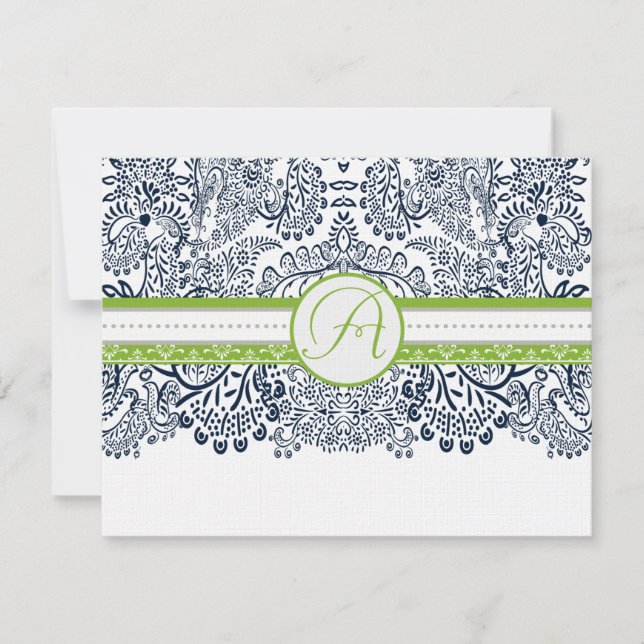 Navy Apple Green Gray Love Birds Wedding RSVP (Front)